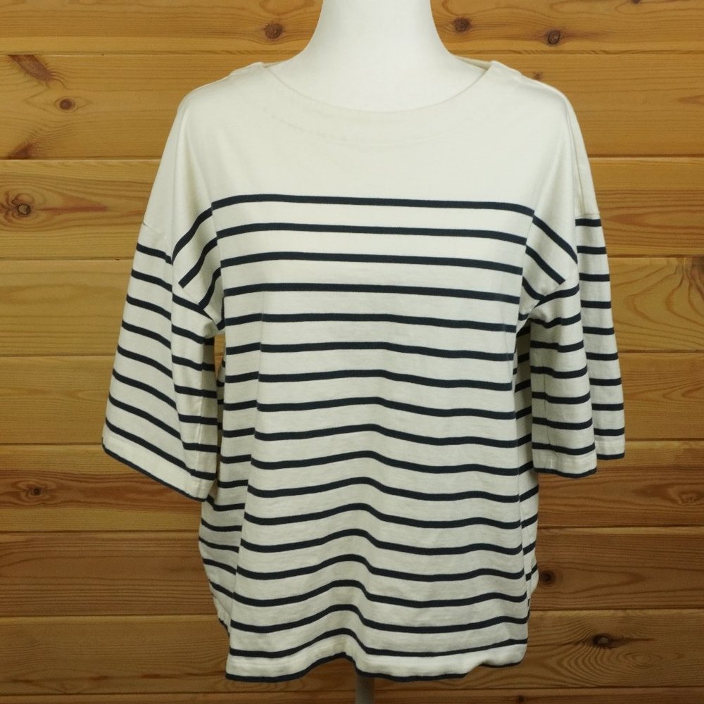 LL Bean Signature Black and Cream‎ Striped Short Sleeve Top Size Large